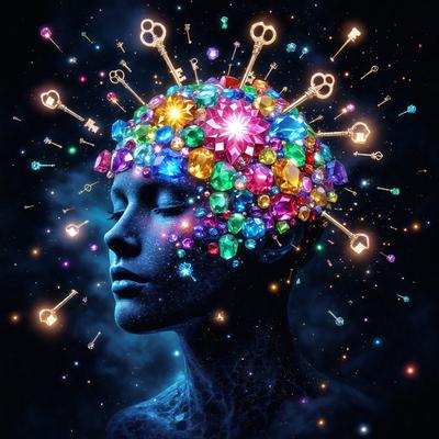 The primary subject of the image is a woman's head, which is the main focus of the image. The setting is a dark, starry background, creating a sense of depth and mystery. The visual style is a digital art, illustration, or drawing, with a combination of colors and patterns that create a unique and intriguing appearance. The colors and mood of the image are predominantly dark and moody, with the starry background adding a sense of wonder and imagination to the scene.
